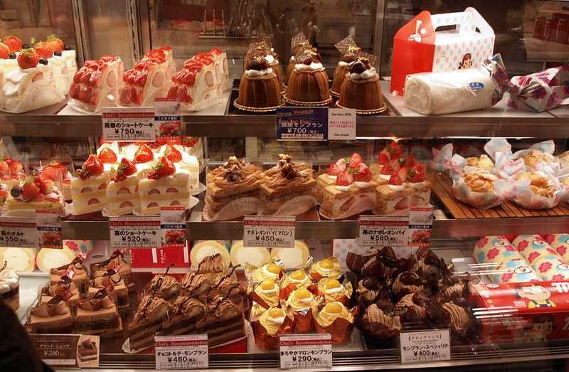 Cakes and other sweets in display inside a Japanese cake shop