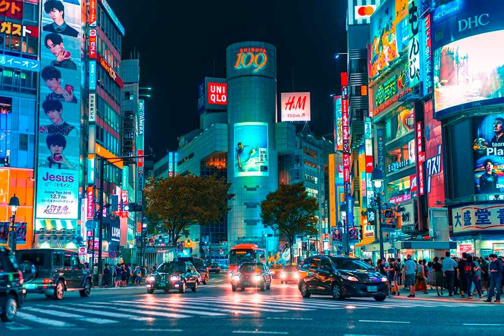 An intersection in Shibuya, Tokyo, Japan.