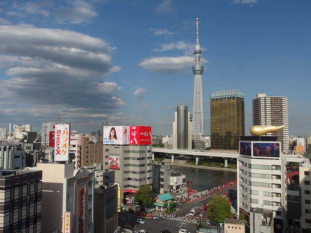 A view of Tokyo Skytree from Asakusa Culture Tourist Information Center.